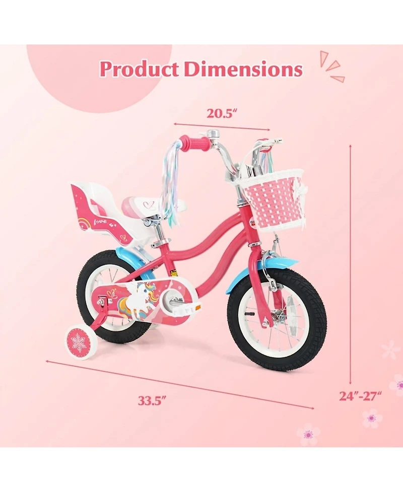 Hongge 12-Inch Girls' Bike with Doll Seat, Front Basket and Training Wheels, Ages 3-4
