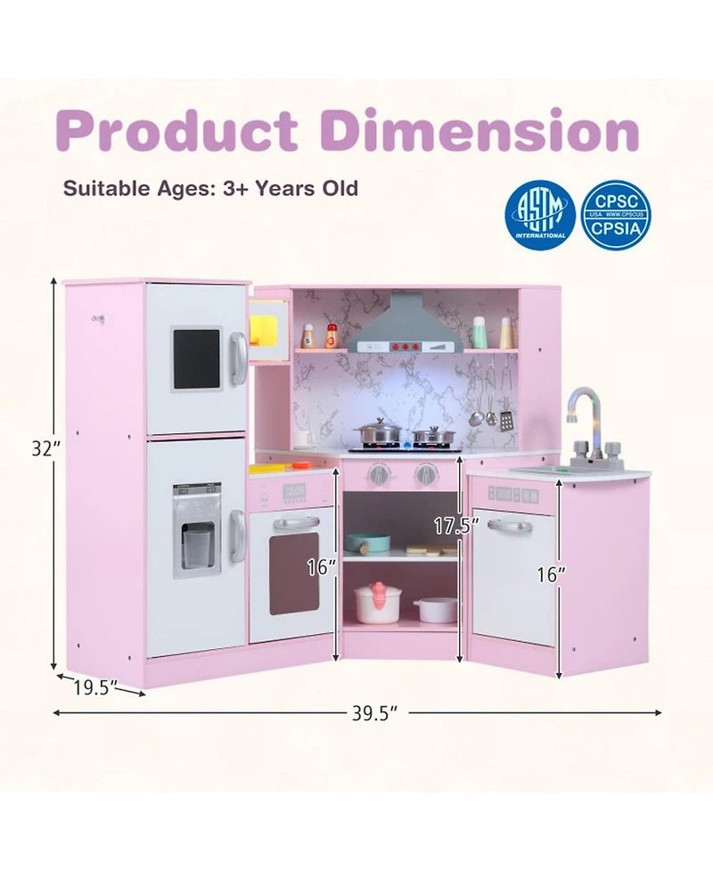 Hongge Kids Corner Play Kitchen Playset with Sensor Faucet and Sound Lights Ages 3