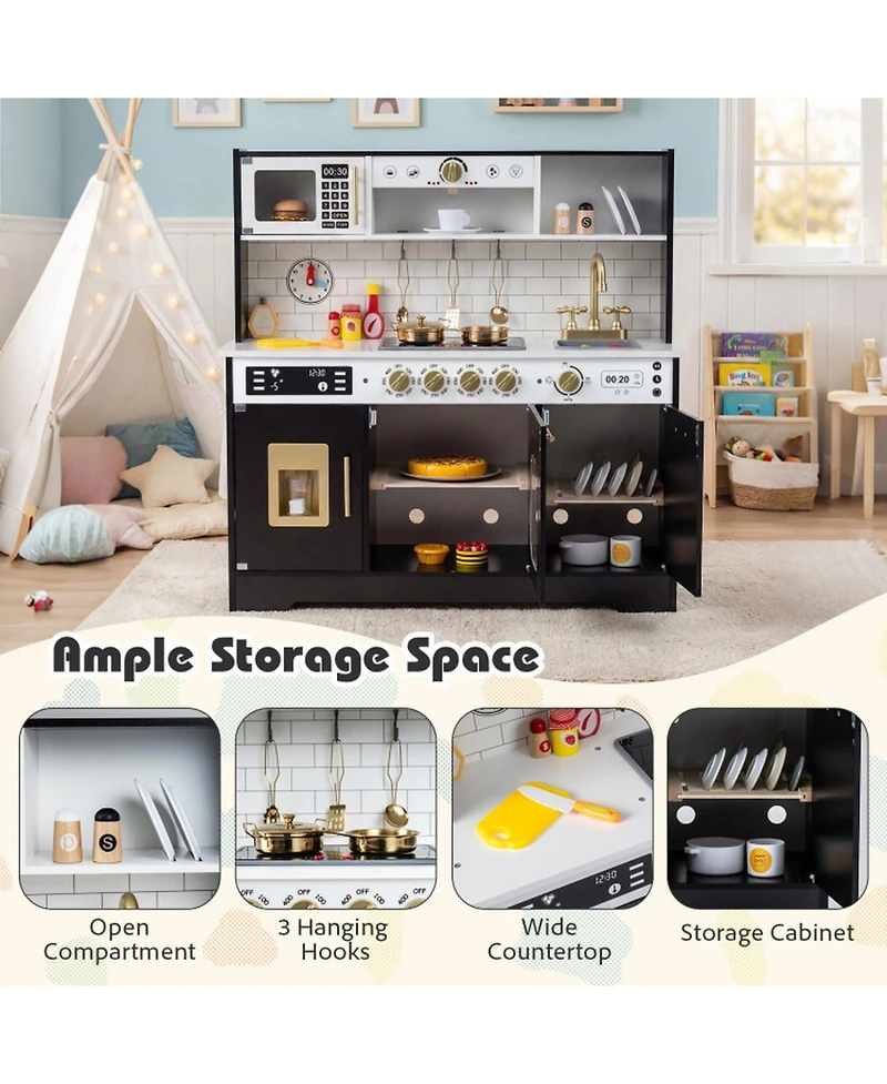 Hongge Lights and Sounds Wooden Play Kitchen with Ice Maker, Ages 3+
