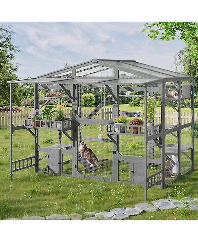 6thdruple Large Wooden Outdoor Catio for Multiple Cats, Weatherproof Pine Cat House