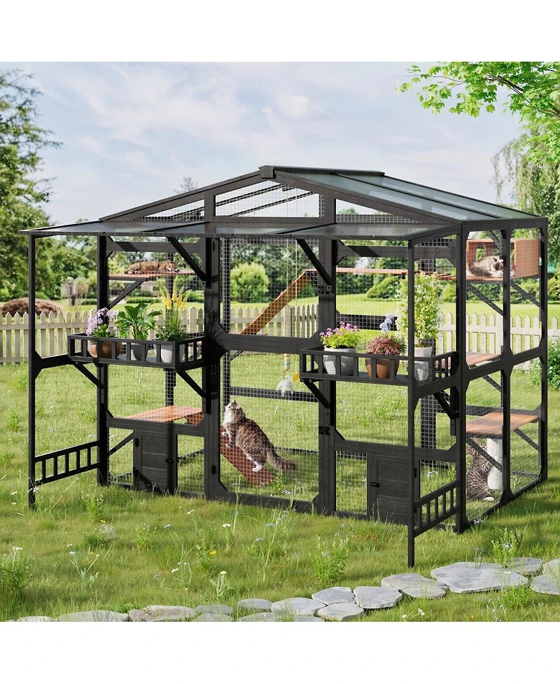 6thdruple Large Wooden Outdoor Catio for Multiple Cats, Weatherproof Pine Cat House