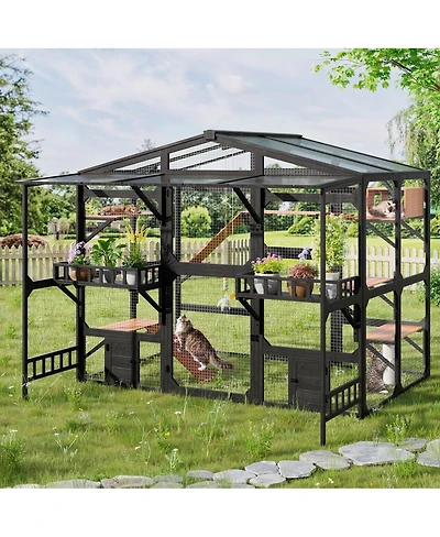 6thdruple Large Wooden Outdoor Catio for Multiple Cats, Weatherproof Pine Cat House