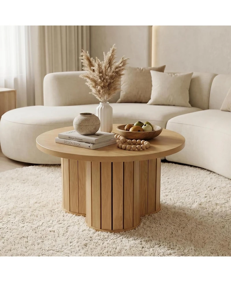 Tribesigns Round Coffee Table, 31.5" Wooden Circle Coffee Table with Three-lobed Grille Base, Small Accent Center Table