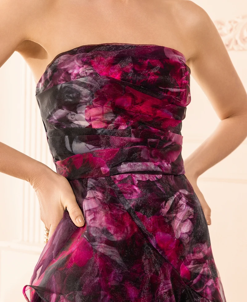 Betsy & Adam Women's Strapless Floral Organza A-Line Gown
