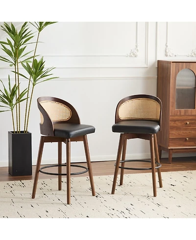 Maison Boucle Swivel Counter Height Bar Stools Set of 2, Solid Wood Rubberwood Frame, Walnut Finish, Fabric Upholstered Seat, Rattan Backrest