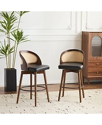 Maison Boucle Swivel Counter Height Bar Stools Set of 2, Solid Wood Rubberwood Frame, Walnut Finish, Fabric Upholstered Seat, Rattan Backrest