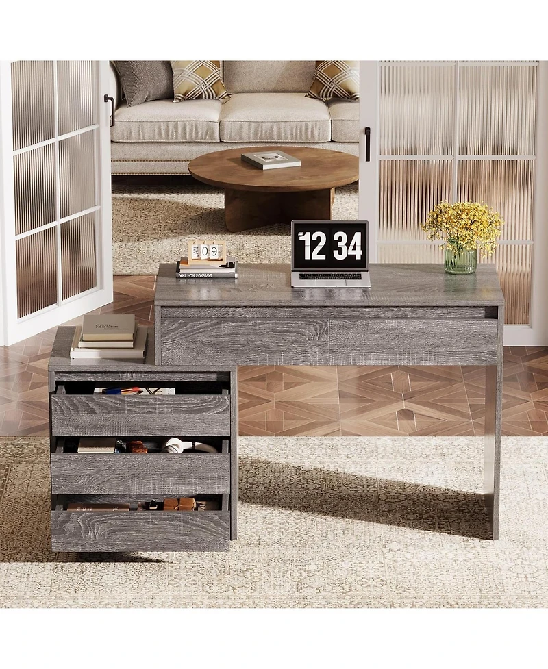 Tribesigns Computer Desk with 5 Drawers: Home office desk with file cabinet and printer stand. Rustic workstation for small spaces