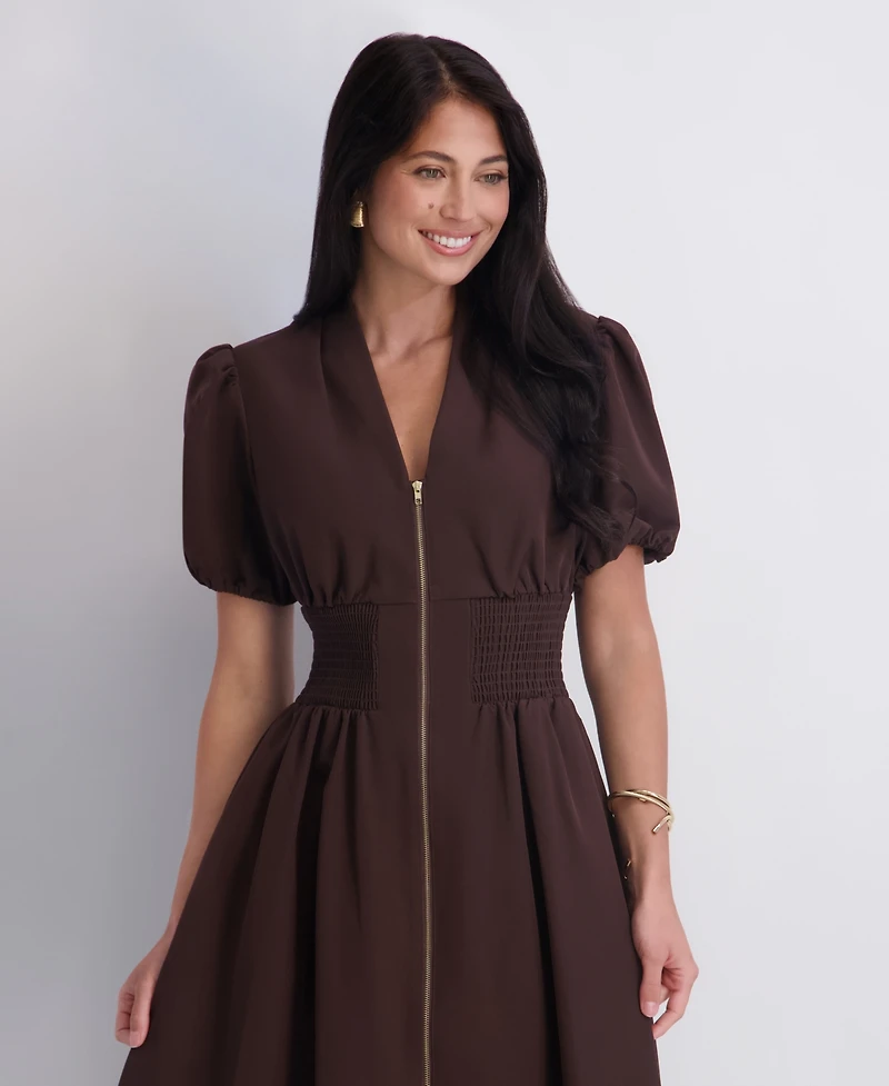 Kensie Women's Puff-Sleeve Smocked-Waist A-Line Midi Dress