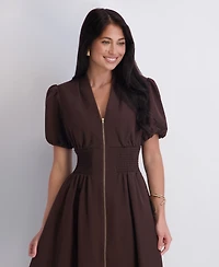 Kensie Women's Puff-Sleeve Smocked-Waist A-Line Midi Dress
