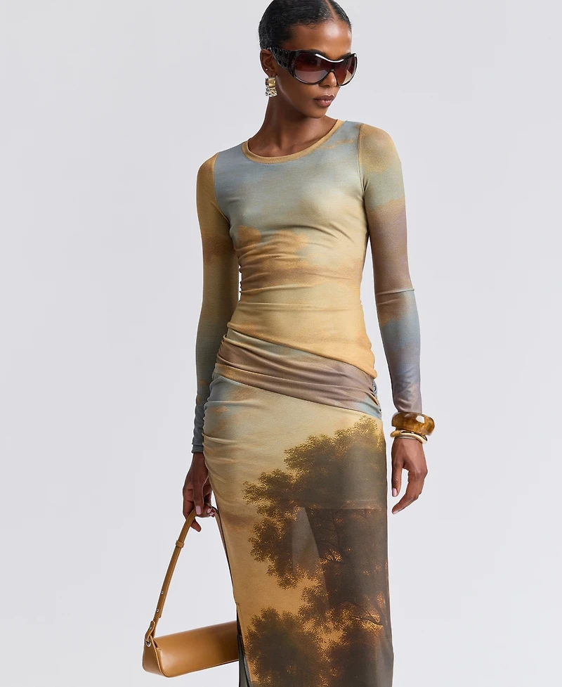 Avec Les Filles Women's Scoop Neck Long-Sleeve Shirred Waist Maxi Dress