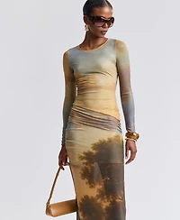 Avec Les Filles Women's Scoop Neck Long-Sleeve Shirred Waist Maxi Dress