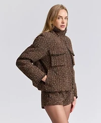 Avec Les Filles Womens Mock Neck Raglan Puffer Jacket High Waisted Micro Mini Shorts