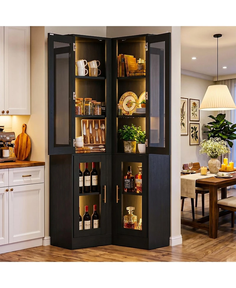 Aheaplus Tall 5-Tier Corner Pantry Cabinet with Glass Doors and Led Lights