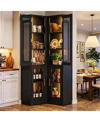 Aheaplus Tall 5-Tier Corner Pantry Cabinet with Glass Doors and Led Lights