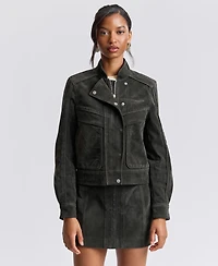 Avec Les Filles Women's Asymmetrical Bomber Zip-Front Faux Suede Jacket