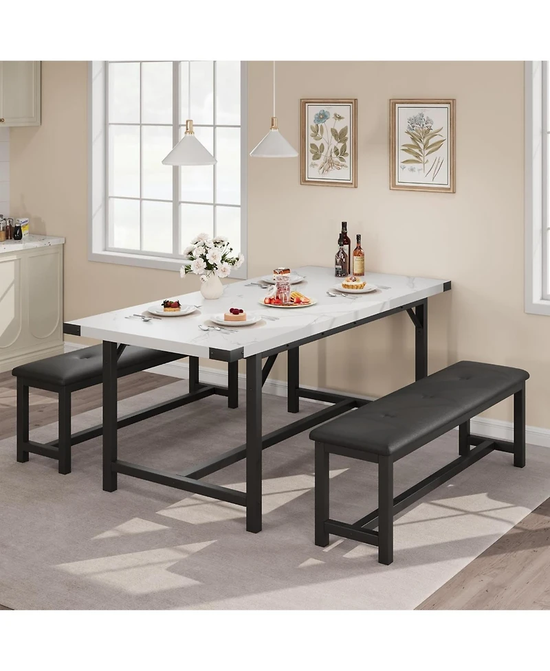 homfan 3-Piece Dining Set for 4-6 – Extendable Table with 2 Benches, Space-Saving for Kitchen and Breakfast Nook