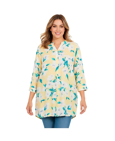 Woman Within Plus Floral V-Neck Three-Quarter-Sleeve Tunic Blouse