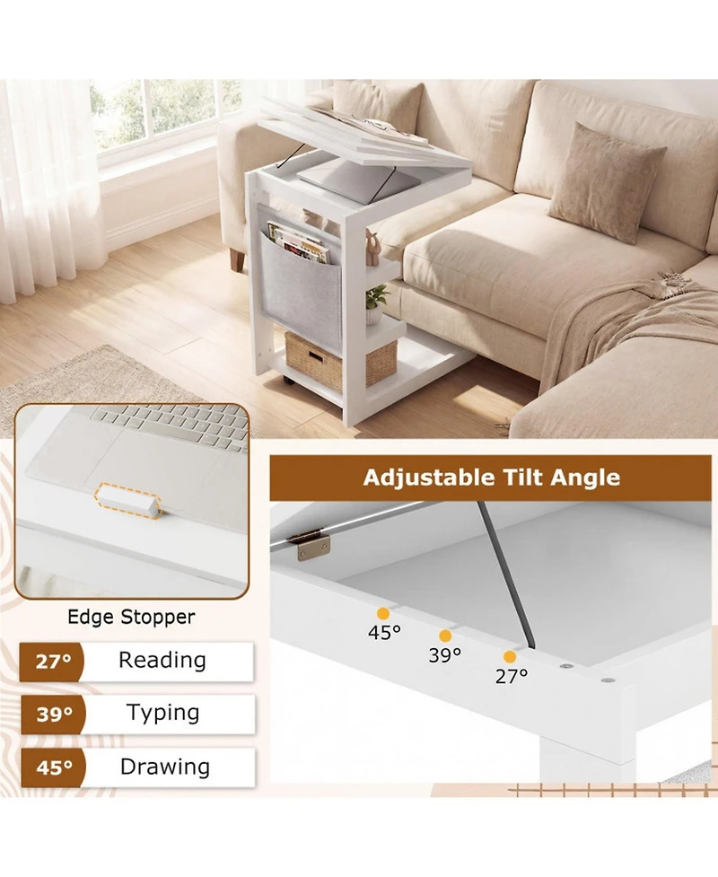 Sugift C-Shaped End Table with Wheels and 3-Angle Adjustable Desktop for Sofa Couch Bedside