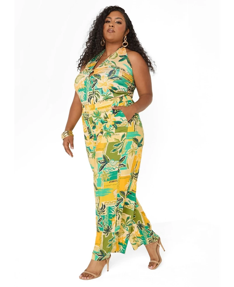Ashley Stewart Plus High-Rise Wide-Leg Tropical-Print Pants, 31" Inseam