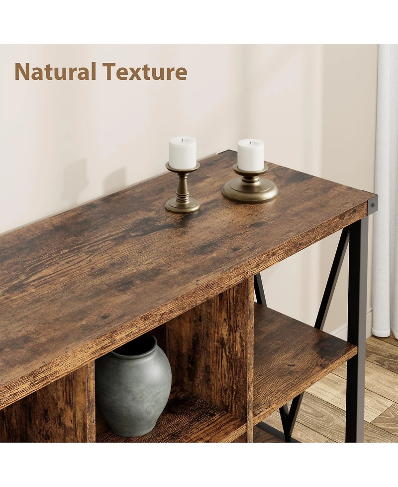 homfan 8-Cube Bookshelf Storage Organizer with Industrial Metal Frame, 62" Console Table, Tv Stand, Rustic Farmhouse Style