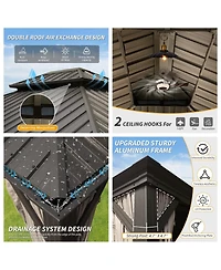 Asagikoiai 10x14 Ft Metal Outdoor Hardtop Gazebo, Double Roof Patio Canopy with Netting and Curtains