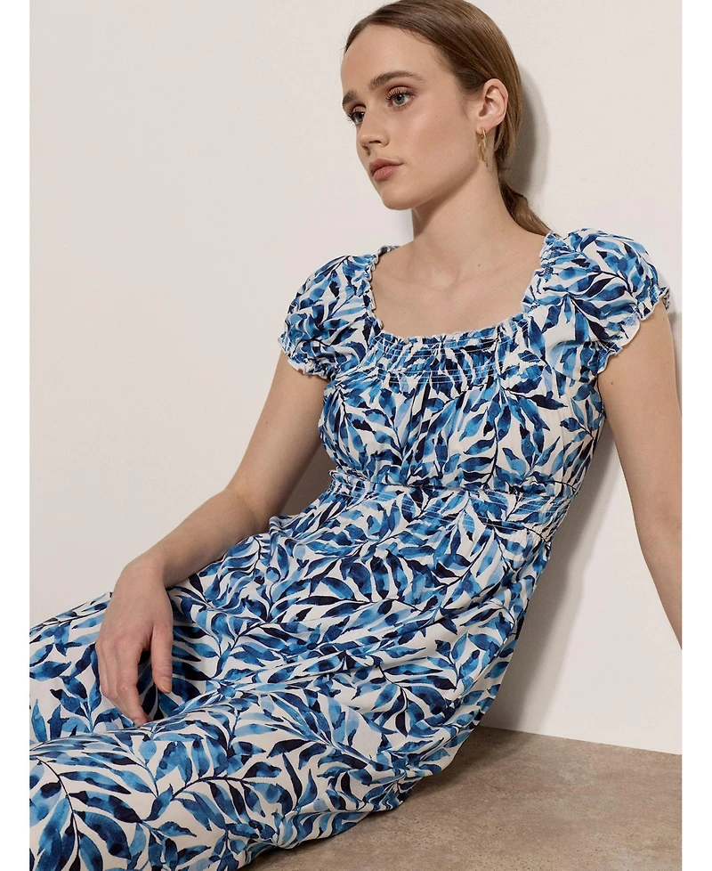 Apricot Women's Milkmaid Watercolour Leaf Smocked Waist Midi Square Neck Dress