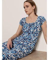 Apricot Women's Milkmaid Watercolour Leaf Smocked Waist Midi Square Neck Dress