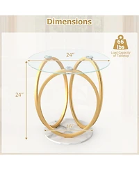 Sugift Round Faux Marble End Table with Tempered Glass Top 2-Tier Side Table