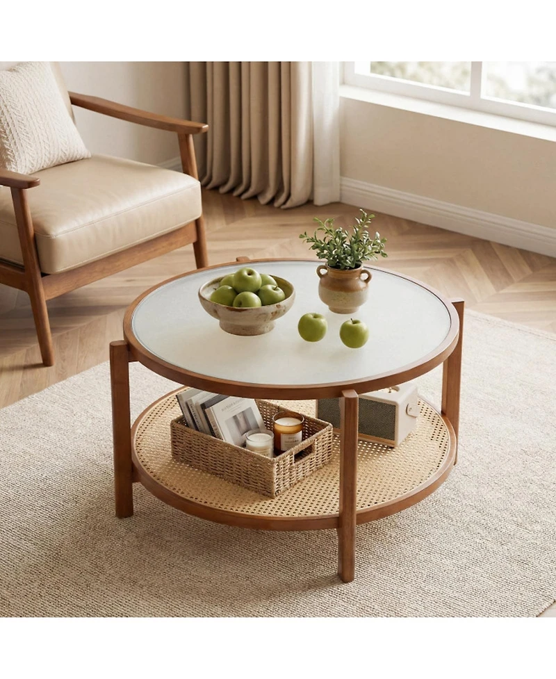 Sugift 2-Tier Rattan Coffee Table with Frosted Tempered Glass Top and Wood Legs