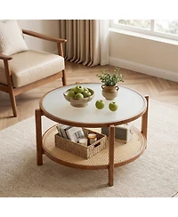Sugift 2-Tier Rattan Coffee Table with Frosted Tempered Glass Top and Wood Legs