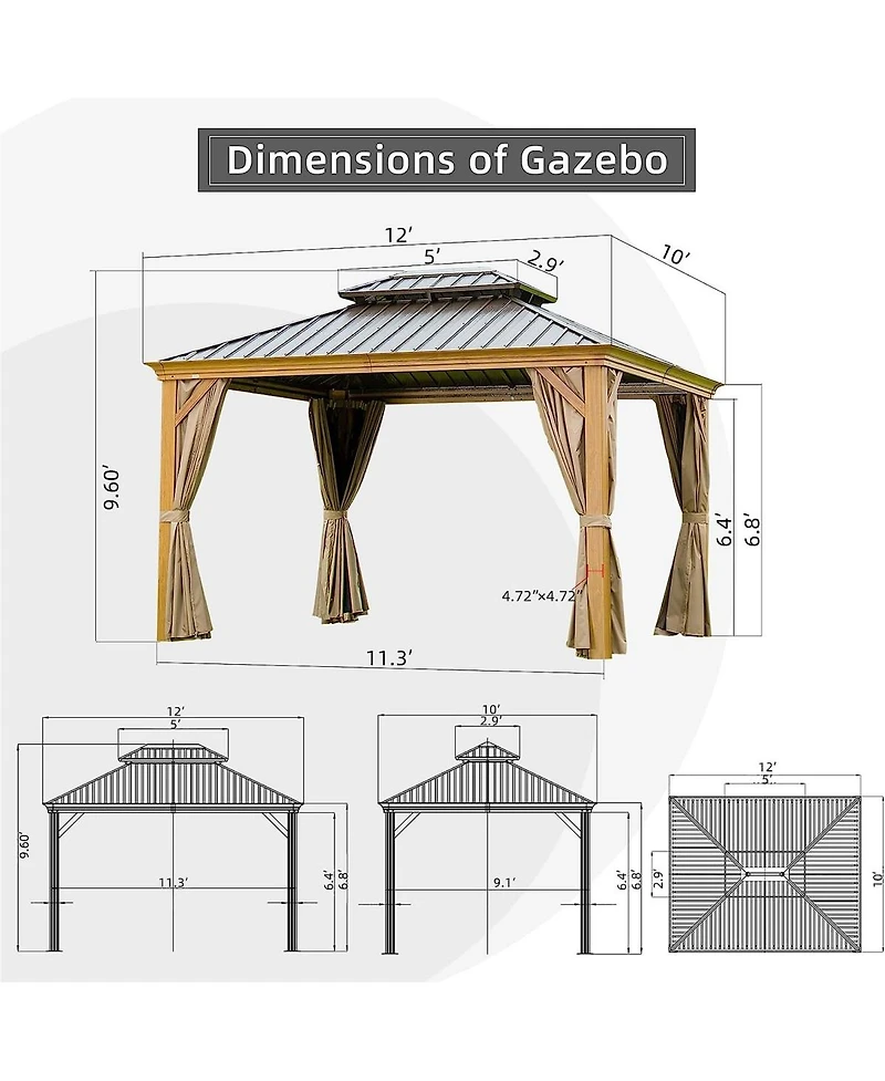 Asagikoiai 10x12 Ft Outdoor Hardtop Gazebo, Wood-Looking Metal Patio Canopy with Double Roof