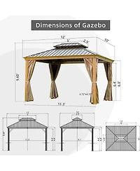 Asagikoiai 10x12 Ft Outdoor Hardtop Gazebo, Wood-Looking Metal Patio Canopy with Double Roof
