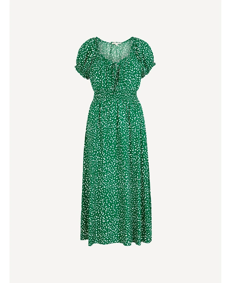 Apricot Women's Milkmaid Midi Spot Printed Smocked-Waist Puff-Sleeve Dress