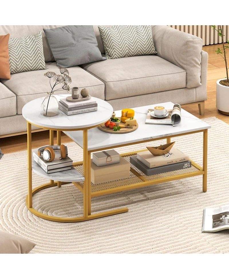 Sugift 2-Tier Rectangle Coffee Table and Side End Table Set with Storage Shelves Faux Marble Top