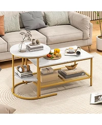 Sugift 2-Tier Rectangle Coffee Table and Side End Table Set with Storage Shelves Faux Marble Top