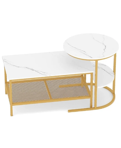 Sugift 2-Tier Rectangle Coffee Table and Side End Table Set with Storage Shelves Faux Marble Top