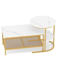Sugift 2-Tier Rectangle Coffee Table and Side End Table Set with Storage Shelves Faux Marble Top