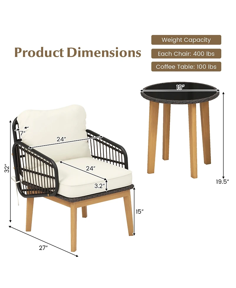 Gymax 3 Piece Patio Chair Set Wicker Chair and Side Table Set with Soft Cushions and Tempered Glass Tabletop