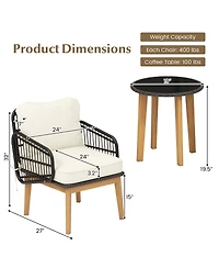 Gymax 3 Piece Patio Chair Set Wicker Chair and Side Table Set with Soft Cushions and Tempered Glass Tabletop