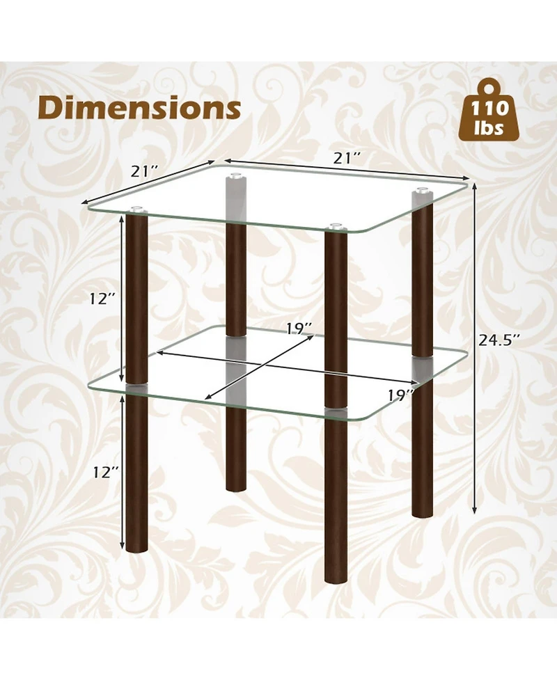 Sugift 2-Tier Square End Table with Shelf and Tempered Glass Top