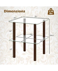 Sugift 2-Tier Square End Table with Shelf and Tempered Glass Top