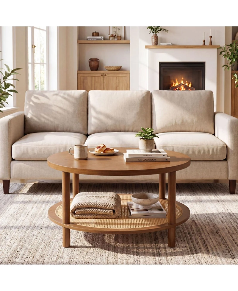 Sugift 2-Tier Boho Round Rattan Coffee Table with Storage Shelf