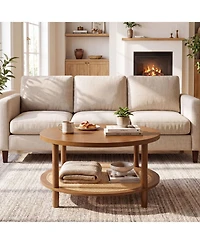 Sugift 2-Tier Boho Round Rattan Coffee Table with Storage Shelf
