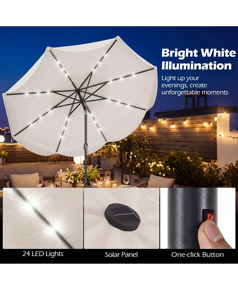 Gouun 9 Feet Scalloped Solar Market Table Umbrella with 24 Led Lights