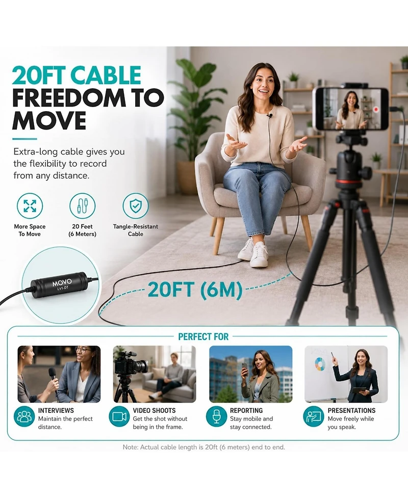 Movo LV1-di MFi Certified Lightning Omnidirectional Lavalier Microphone with 20-Foot Cable for iPhone and iPad