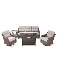 Pocassy 5-Piece Wicker Patio Furniture Set With Fire Pit Table, 6-Inch Ultra Thick Cushioned 360degree(s) Swivel Glider Chairs