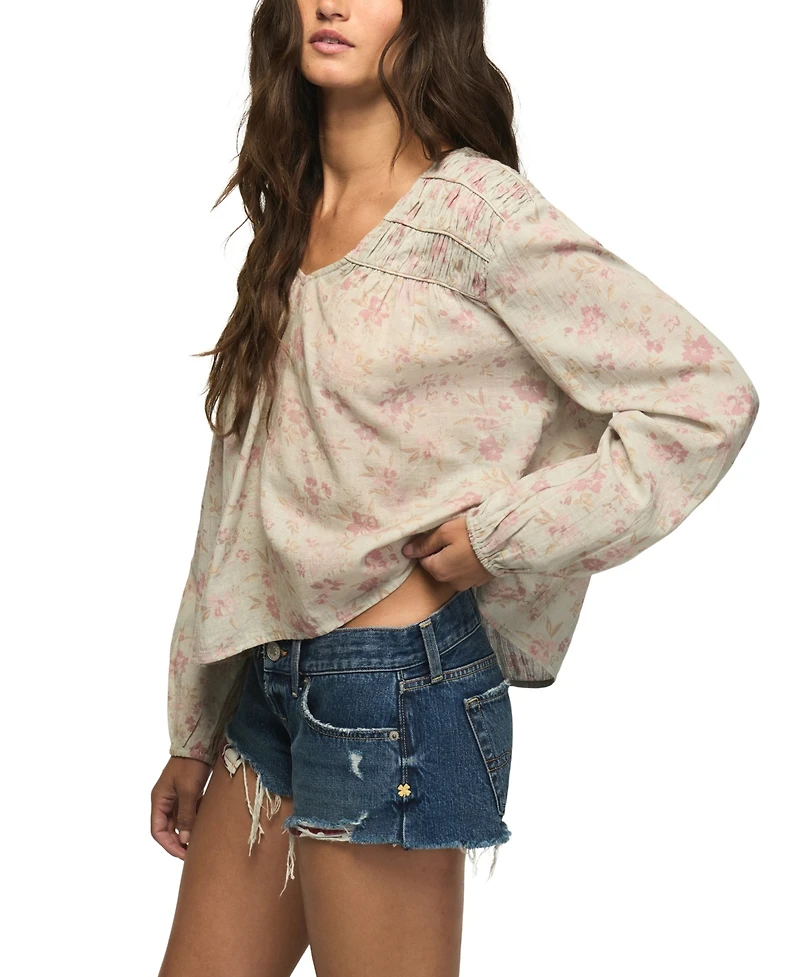 Lucky Brand Women's Ruched Floral-Print Peasant Blouse