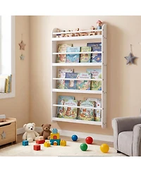 Sugift 4-Tier Wall Mounted Bookshelf Organizer for Toys and Books with Basswood Crossbar 5 Inch Depth