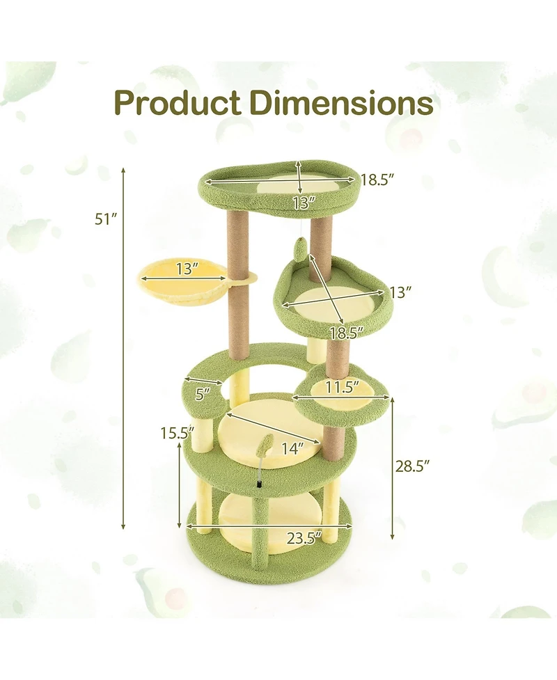 Sugift Multi-level Avocado Theme Cat Tree Tower with Wide Perch and Rotatable Basket