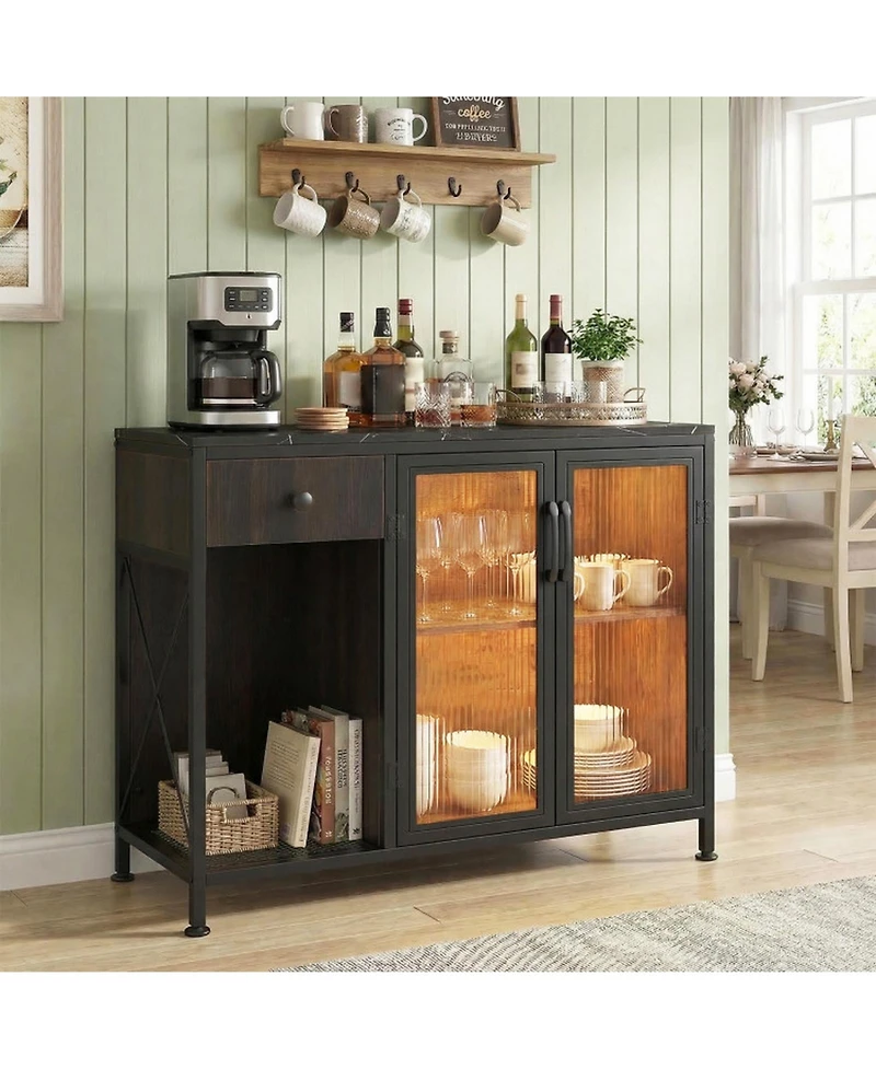 Sugift Buffet Sideboard with 2-Door Cabinet Power Outlets and Led Light